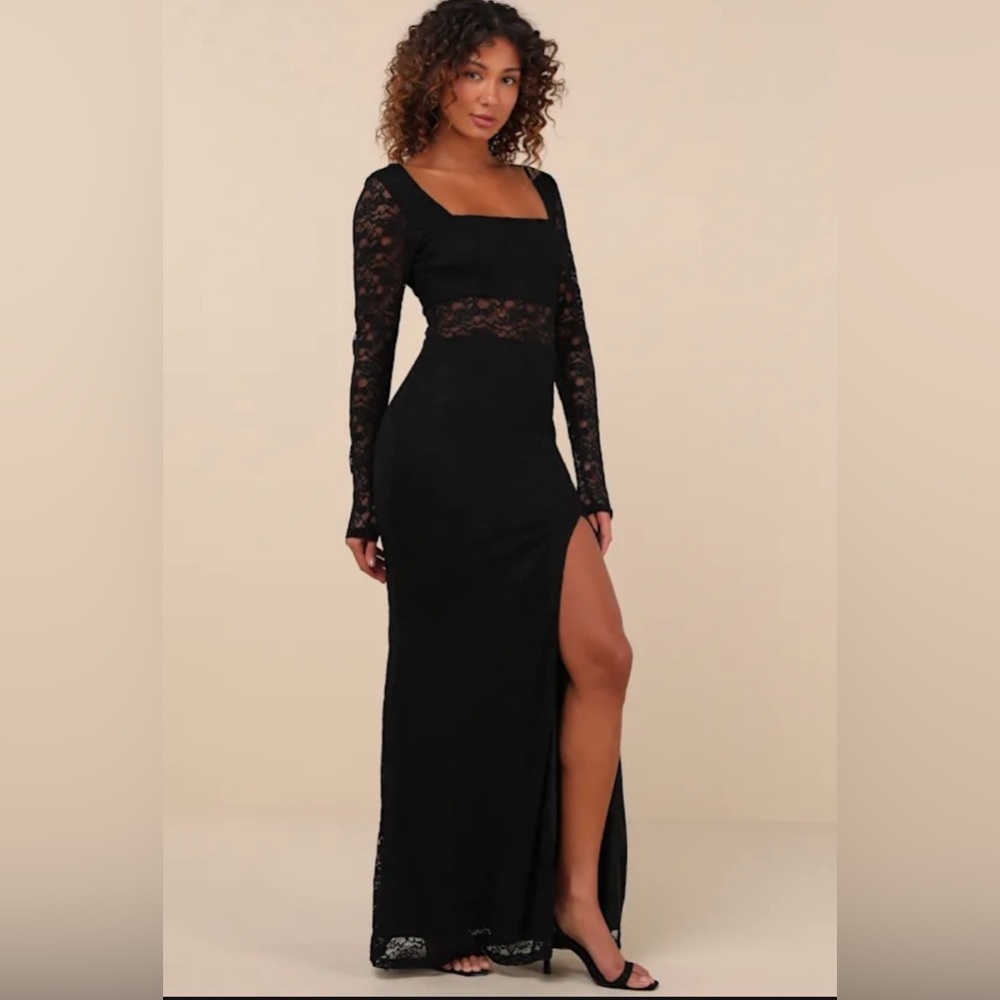 NWT Lulu’s Sensationally Poised Black Lace Long Sleeve Maxi Dress